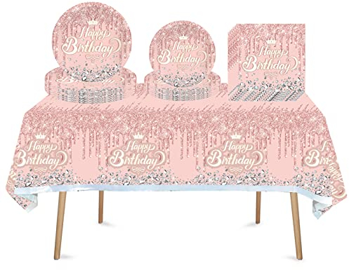 41Pcs Rose Shiny Glitter Birthday Party Tableware Decorations for Girls,Kids,Women Birthday-Disposable Party Tableware Set Rose Sliver Party Table Cloth,7inch,9inch Paper Plates,Napkins for Her Party
