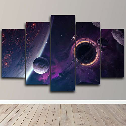 5 teiliges wandbild Schwarzes Loch-Galaxie-Planeten-Weltraum-Poster 5 stück leinwand wandkunst,5 teilig leinwand wanddeko,leinwanddruck 5 teilig bilder wohnzimmer modern groß,mit rahmen,100x55cm