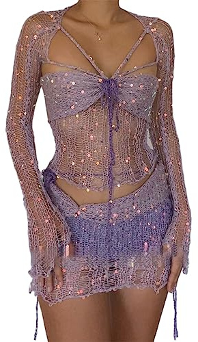 ORANDESIGNE Gonna Set in Maglia di Donne in Paillettes 2 Pezzi Scintillanti Scava Fuori Manica Lunga Crop Top Mini Gonna Abiti Sexy Y2K Gonna Copricostume da Spiaggia