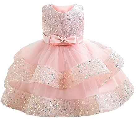 Miipat Baby Mädchen Kleid Prinzessin Tüll Pailletten Partykleid Ärmellos Tutu Blumenmädchenkleider für Geburtstag Hochzeit Rosa 80 12-18 Monate