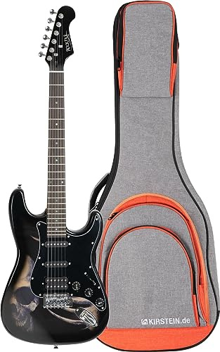 Rocktile Pro ST60-SK E-Gitarre Skull Gigbag Set, Korpus: Linde, Inlays: Dot | Hals: Ahorn verschraubt, 1 Humbucker/2 Single Coil Tonabnehmer, 22 Jumbo Bünde, Palisander Griffbrett, Mechaniken: Die-cast