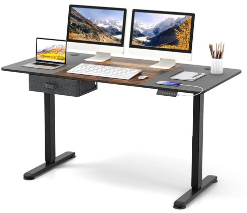 CASART Electric Height Adjustable Standing Desk, 140 x 70cm Ergonomic Sit Stand Desk with Memory Control, USB Charging Port & Drawer, Stand up Computer Workstation for Home Office (Brown+Black)
