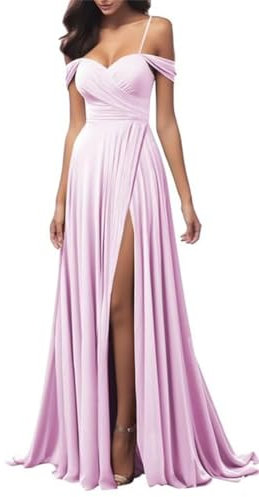Vestidos largos de satén para dama de honor para mujer, vestido de noche plisado para graduación, vestido de fiesta con abertura, Lila, 44