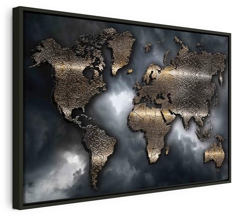 B&D XXL Bilder mit Rahmen 120x80 cm Wandbilder groß Leinwandbild XXL schwarzer Holzrahmen modern Wanddekoration Kunstdruck Wanddeko Wohnzimmer Schlafzimmer Weltkarte Abstrakte Landkarte Himmel grau