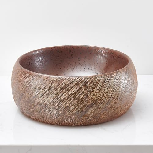 NATURFLAIR Lavabo de cerámica para baño FCH5405, Redondo, 390 x 155 mm, Hecho a Mano, Color café, veta de Madera, Lavabo de cerámica…