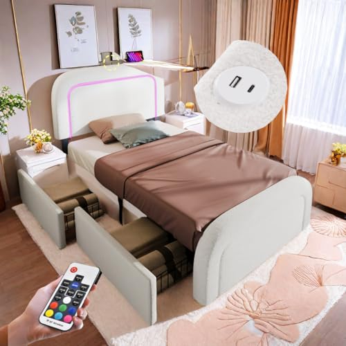 Coffre 90x200cm avec LED, 2 Tiroirs et Port USB Type C - Lit Capitonné 1 Personne avec Rangement et Sommier à Lattes - Blanc (Sans Matelas)