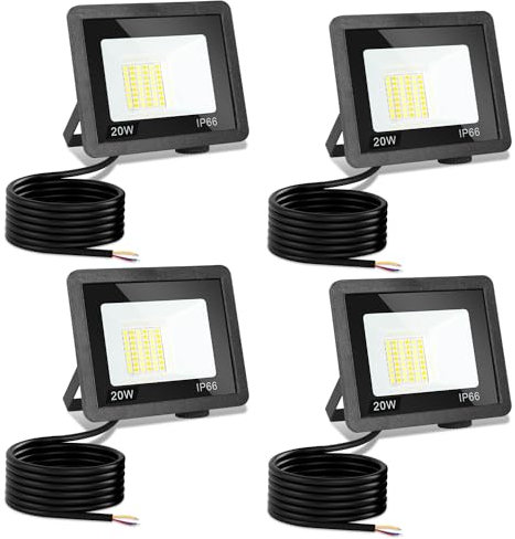 Jiubiaz LED Strahler Außen 20w, 3000K/4000K/6500K LED Strahler Dimmbar, Superhell LED Fluter Flutlichtstrahler, IP66 Wasserdicht LED Scheinwerfer Aussenstrahler für Hof, Garten, Garage(4 Stück)