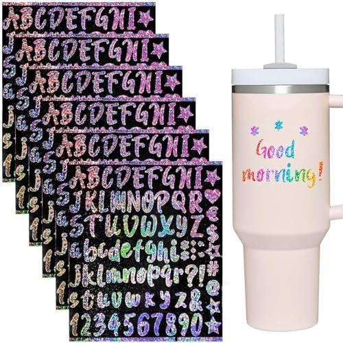 Irikdescia 6 PCS Namenssticker Für Stanley Cup Selbstklebende Buchstaben Aufkleber, Lasermuster Sticker Für Stanley Tumbler, Kreatives Persönliches Becher Zubehör