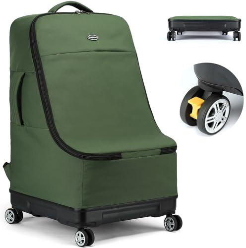 TUGUAN Autositz Reisetasche für Flugzeug mit Rollen, Faltbare Kindersitz Transporttasche Robuste Kinderautositz Rucksack mit Hartem Boden & Schultergurten - für Autokindersitze und Kinderwägen, Grün