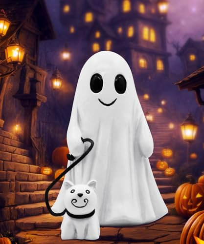 Yeomoo Lustig Ghosts mit Katzen Halloween Deko für Outdoor Innen - Halloween Geister Deko Figuren für Außen Kawaii Geist Geschenke für Frauen Männer Garten Party Tisch Gespenster Deko Weiß