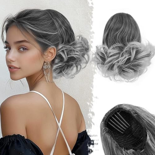 BARSDAR Pferdeschwanz Haarteil mit Kordelzug, 25cm Kurzes Wellige Ponytail Extension für Damen Synthetisch Comb Clip in Pferdeschwanz Haarverlängerungen Haarteile - Dunkel Grau & Weiße Spitzen