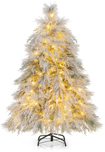 COSTWAY 4.5FT/6.3FT Snow Flocked Christmas Tree, Hinged Pre-lit Artificial Xmas Tree with 279/519 Branch Tips, 150/250 Warm White LED Lights & Willow Leaves, Holiday Decoration Tree (4.5FT)