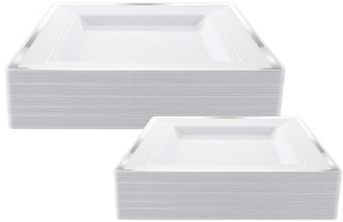 GBACHOOSE 50 Stück Eckig Plastikteller mit Silberrand (2 Größen, 16.5x16.5CM/24x24CM), Mehrweg Partygeschirr, Wiederverwendbar Weiße Servierplatten Fleisch, Fisch, Sushi, Salat, Antipasti