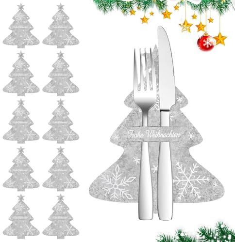 Sunshine smile 10pcs Tischdeko Weihnachten,Bestecktasche Weihnachten,Weihnachten Tischdeko Bestecktasche,Besteckhalter Weihnachten Filz,Weihnachtsbaum Besteckhalter,Weihnachtstischsets