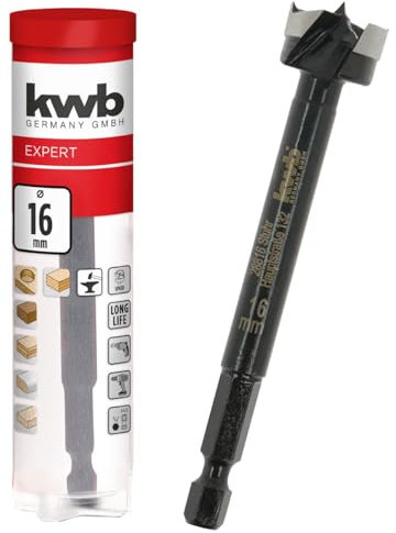 kwb Forstnerbohrer, Ø 16 mm, Topfbohrer (für Holz, geschmiedeter Bohrkopf, Spezialanschliff, schnelle, ausrissfreie Bohrlöcher, 4-seitig geschliffene Zentrierspitze, für Akkuschrauber & Bohrmaschinen)