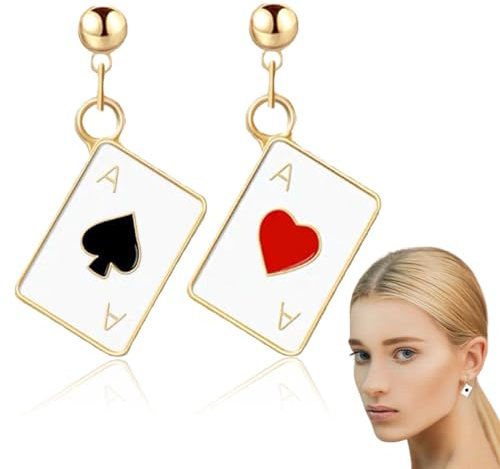 WUSJCOF Einzigartige lustige 18 Karat vergoldete hypoallergene Poker-Herzen und Pik-Ass-Spielkarten baumeln Tropfen-Ohrstecker für Frauen-Mädchen Glücksspiel-Casino-Schmuck-Geschenk