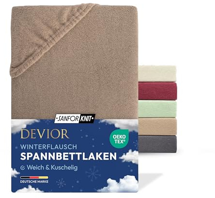 Devior Winterflausch Fleece Spannbettlaken, Nougat, 180x200–200x220 – Für Boxspringbett – Weich, wärmend & pflegeleicht aus 80% Baumwolle – Winterbettlaken mit Gummizug