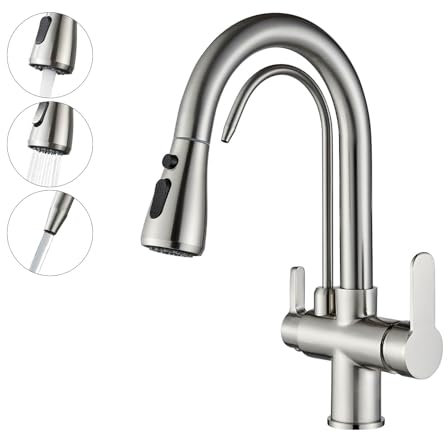 3 Ways Kitchen taps Pure Water Filter Pull Down 360° Swivel Dual Handle Kitchen Sink Mixer Taps Brass Brushed Nickel