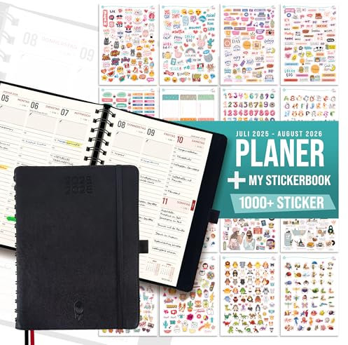 colortouch Taschenkalender 2025 2026 mit 1000 St Sticker Set für Planer, Aufkleber Journal für A5 Monatsplaner, 30 Minuten-Intervalle Wochenplaner mit Softcover, 14 Monate Kalender (Juli 25-Aug 26)