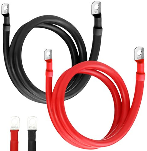 Cable de batería de 35 mm²/2 AWG, 2 unidades de cable de cobre sin oxígeno, rojo y negro, 100 cm, cable de batería de 12 V, cable de batería de 35 mm² con terminales de anillo M8, cable de batería de