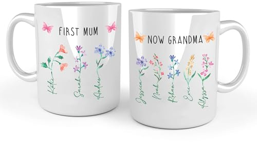Fuzzy Cactus Personalised First Mum Now Grandma Ceramic Mug, Floral Design with Names, Mother's Day Gift
