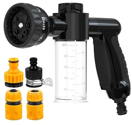 Hundedusche mit 4 Anschlüssen Seifenspender Gartenschlauch Spritzpistole Garten Handbrause mit 8 Sprühbilder, für Garten Bewässerung, Autowäsche, Haustieredusc (schwarz)
