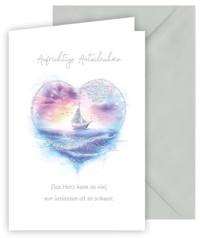 KE - Herzliche Trauerkarte zur Aufrichtigen Anteilnahme | Ansprechende Beileidsbeurkundung | Traueranzeige | Ohne Innentext | Inklusive Umschlag | Motiv: Schimmerndes Herz