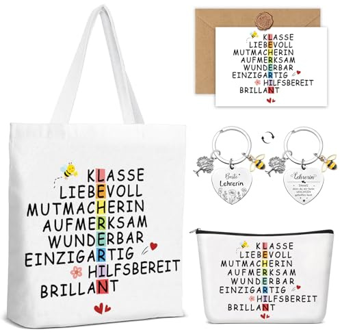 Lehrerin Geschenk Baumwollbeutel, Lehrer Geschenk Tasche, mit Schlüsselanhänger und Grußkarte, Weihnachtsgeschenke Lehrerin