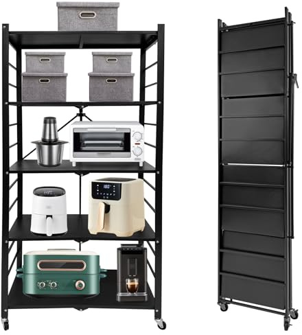 XYJBHB 5 - Shelf Foldable Storage Shelves on Wheels, Heavy Duty Unit | Large Capacity Heavy Duty Metal Shelving Unit, No Assembly Collapsible Organizer Rack for Kitchen, Garage & Laundry