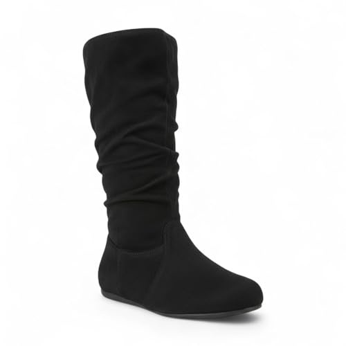 ABSOLEX Womens Soft Slouchy Mid-Calf Flat to Low Heel Pull On Fall Weather Winter Boots, Black Suede, 8.5