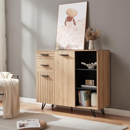 [en.casa] Sideboard Noppen Kommode mit 2 Türen und 2 Schubladen Mehrzweckschrank 100 x 120 x 38 cm Wohnzimmerschrank Buffetschrank Eicheoptik