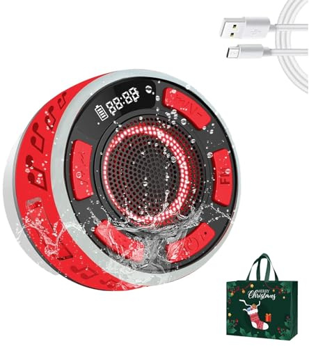 Enceinte de Douche Étanche Ipx7 avec Éclairage RGB et Affichage LED, Mini Enceinte Bluetooth sans Fil Portable avec Lumières pour La Salle de Bain, Ventouse Amovible, Son Clair(Red)