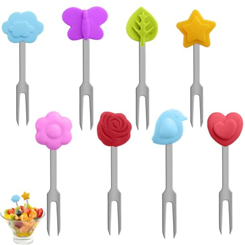 BAHME 8 Pcs tenedores de frutas, tenedores de frutas de acero inoxidable, mini tenedores para niños, fiambrera, tenedores para fiestas, tenedores de pastel, aperitivos, pinchos de frutas