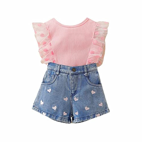 Chándal para niña, ropa deportiva, chándal, traje deportivo para niños, ropa de verano para niñas, estilo extranjero, malla de encaje, pantalones cortos de mezclilla bordados, Rosa., 4-5 años