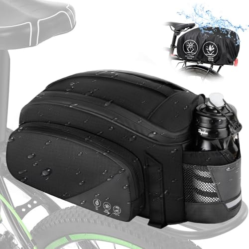 WOTOW Bike Rear Rack Bag, 12L Waterproof Reflective Bicycle Trunk Bag, Cycling Rear Seat Carrier Backseat Storage Luggage with Water Bottle Holder, Shoulder Strap, Rain Cover for MTB E-Bike