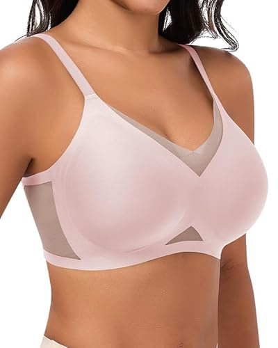 Jiuday Bequem BH ohne Bügel Spitze Mesh Damen BHS Große Brüste Starker Halt Soft Nahtloser Push Up BH ohne Buegel Gepolstert Stütz Bügellos Bralette (Rosa,XL)