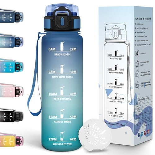 Motswedi Gourde 1l, Gourde sport, Anti-Fuite, Bouteille d'eau, Motivation avec Marqueur de Temps, Bouteille Eau pour Sport, Université, Bureau, Vélo - Bleu&Vert