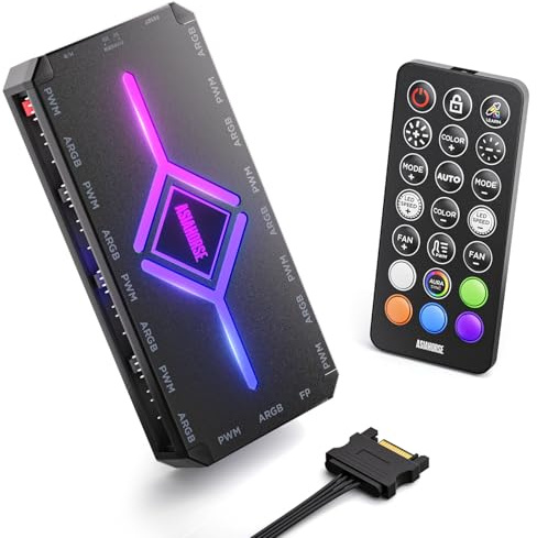 AsiaHorse ASH ARGB PWM PC Lüfter Hub mit Controller [20 ARGB-Effekte] [Einzigartiger Farb-Lernmodus] 9X 4-Pin PWM & 9X 5V 3-Pin RGB Anschlüsse SATA-Stromanschluss RGB-Sync