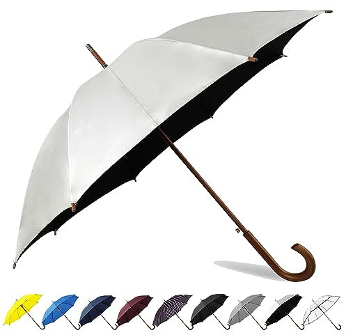 SoulRain Regenschirm mit klassischem Holzgriff, automatisches Öffnen, winddicht, unzerbrechlich, 121,9 cm, Schwarz / silberfarben