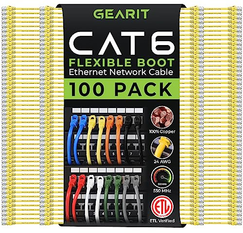 GEARit 100-Pack Cat6 Patch Cable 0.5 Foot / 6 Inches Cat 6 Ethernet Cable Snagless Flexible Soft Tab - Premium Series - Yellow