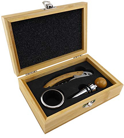 TigerTie - Set vino in scatola di bambù con coltello da cameriere/cavatappi, colletto vino, tappo in acciaio inox, nero/rosso, Länge 16 cm x Breite 10,5 cm x Höhe 4,8 cm