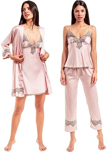 Laura in - Ensemble de Pyjama en Soie Satin pour Femme avec Dentelle 5 pièces, Robe Kimono, Chemise de Nuit, Haut, Pantalon et short-1102RoseS