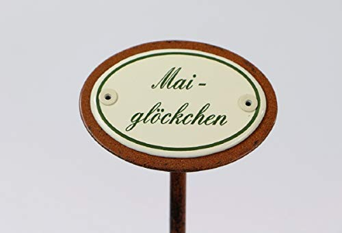 linoows Pflanzenstecker Maiglöckchen, Pflanzenschild Emaille, Beetstecker Erdspieß 25 cm