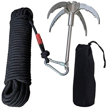 ABCDJHH Ant Mag Crochet de grappling avec 20 m et 400 kg de corde en nylon - Crochet pliant en acier inoxydable - Mousqueton pour camping, alpinisme, trésor, survie, pêche