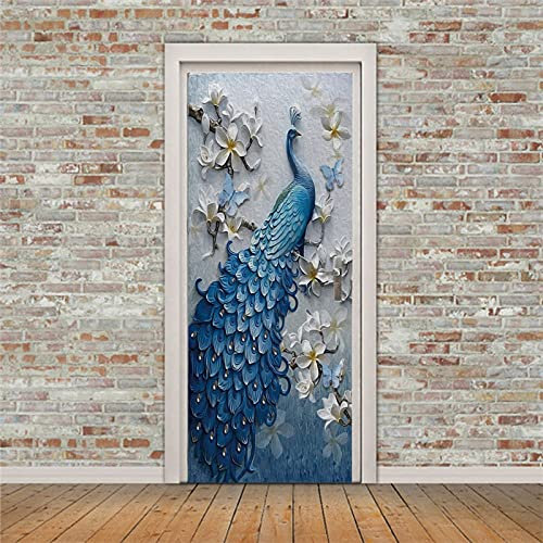 A.Monamour Türtapete Selbstklebend Türfolie Türposter 3D Blauer Pfau Auf Dem AST Eines Blumen Baums Vinyl Folie Türdeko Tapete Wandbild Türaufkleber Türtattoo 85 x 200 cm