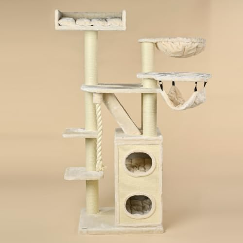 RHRQuality Kratzbaum für große Katzen – Cat Penthouse Crown – Cremefarben – mit extra dicken 12 cm Sisalstämmen – XXL-Kratztonne