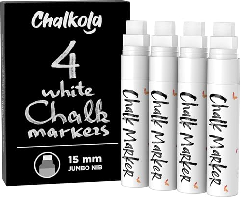 Chalkola Kreidestifte für Tafel Abwaschbar Weiß - 4 Kreidemarker Weiss 15mm dicke Spitze - Kreidestift Weiß für Fenster, Tafel, als Glasstift- Chalk Markers für die Erwachsene und Kinder