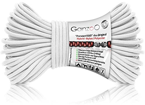 Ganzoo Paracord 550 Seil weiß, 4mm, Typ 3, Nylon Polyester, Hybrid, Armband, Hunde-Leine, Hunde-Halsband knüpfen, ca. 250kg Bruchlast, Outdoor Rope, Camping Schnur, Allzweckseil, 30 Meter
