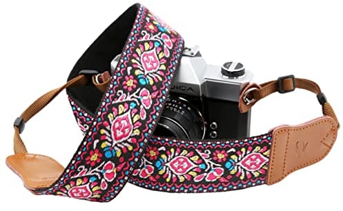 Padwa Lifestyle Sangle Appareil Photo - Extrémités en Cuir de Vachette Ddouble Couche,Sangle D'appareil Photo en Coton Brodé de 2,Bandoulière Photographe Réglable Pour Tous Les Appareils Photo DSLR