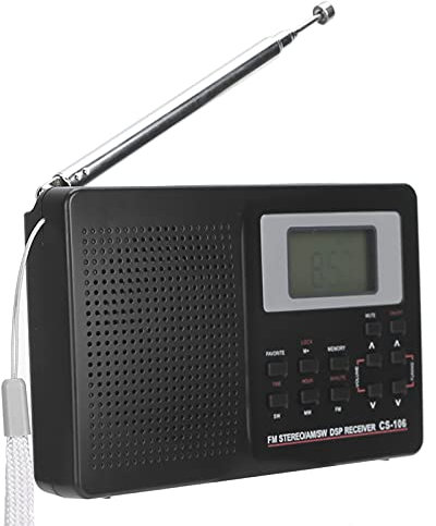 cigemay Portable Radio, Mini FM/AM/SW/MW/LW/TV Receiver Digital Radio, with Digital Clock Earphone, FM stereo, Operation flexible, Support Frame Equipped, with Headphone and Lanyard (Black)